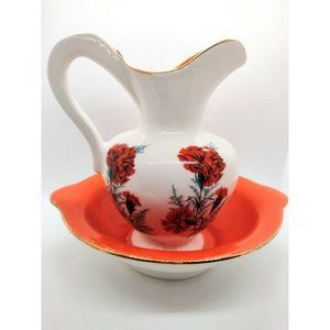 Nancy Fore Studio Ceramic Orange White Pitcher Basin Decor Carnation Flower Gold